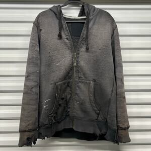 VTG/Y2K Faded Super Thrashed Distressed Sherpa Lined Zip Up Hoodie